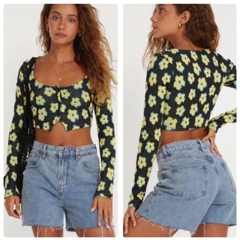 NWT Motel Faline Crop Top In Cute Floral Black And Yellow Size Medium